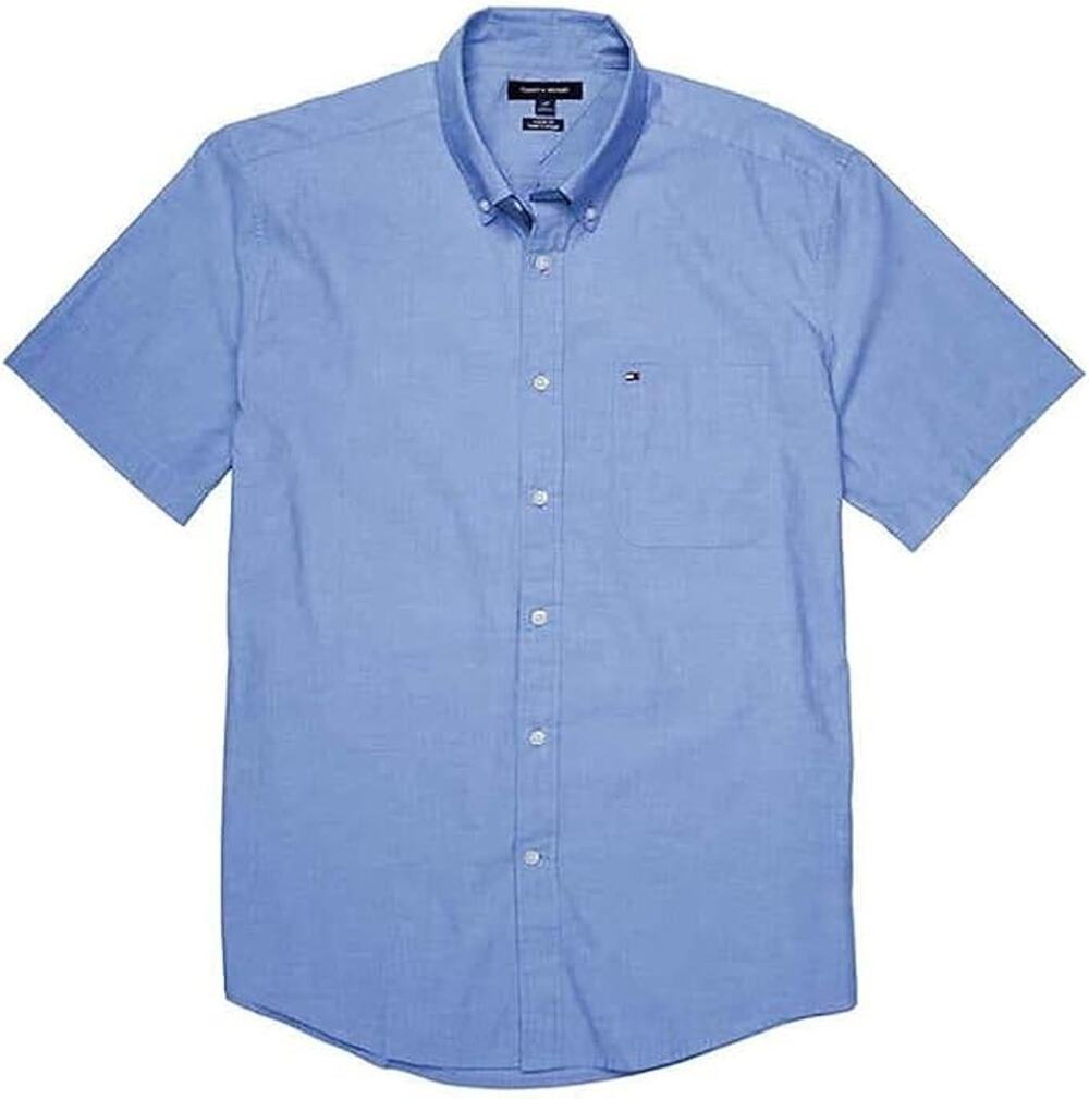 Tommy Hilfiger Mens Classic Fit Buttondown Short Sleeve Woven Shirt Blue Iolite